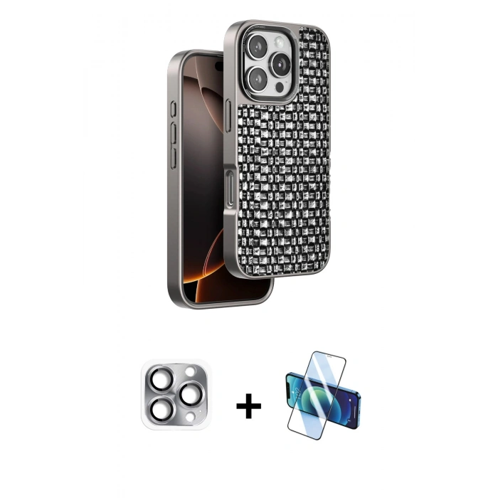MARSİLYAN™- iPhone 16 Pro Max Kılıf Siluet Form Serisi - Siyah 3D Antistatik Cam Ekran Koruyucu + Pers Alüminyum Kamera Lens - GI