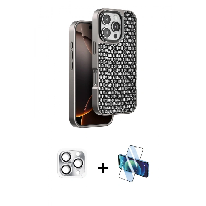 MARSİLYAN™- iPhone 16 Pro Max Kılıf Siluet Form Serisi - Siyah 3D Antistatik Cam Ekran Koruyucu + Pers Alüminyum Kamera Lens - GS