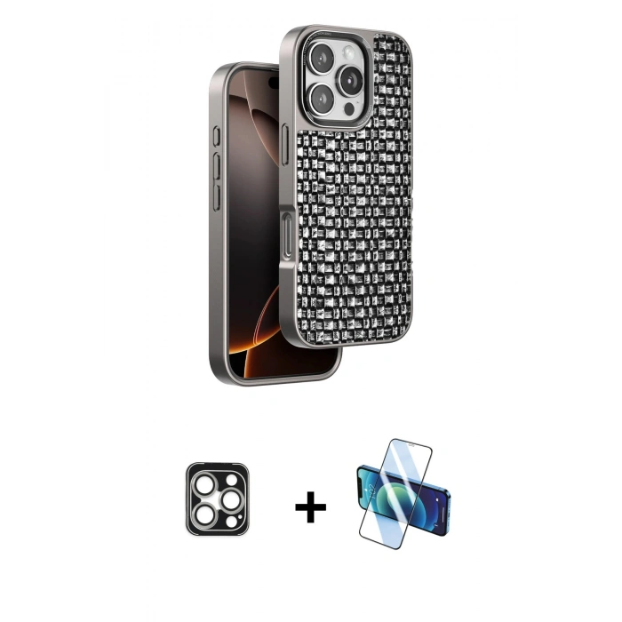 MARSİLYAN™- iPhone 16 Pro Max Kılıf Siluet Form Serisi - Siyah 3D Antistatik Cam Ekran Koruyucu + PVD Metal Kamera Lens - GS