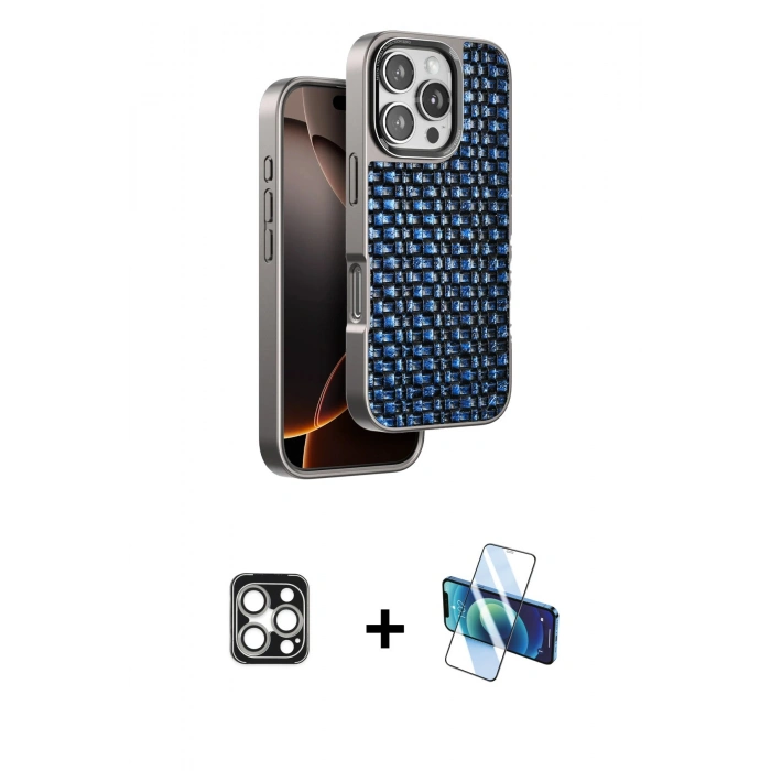 MARSİLYAN™- iPhone 16 Pro Max Kılıf Siluet Form Serisi - Siyah 3D Antistatik Cam Ekran Koruyucu + PVD Metal Kamera Lens - GS
