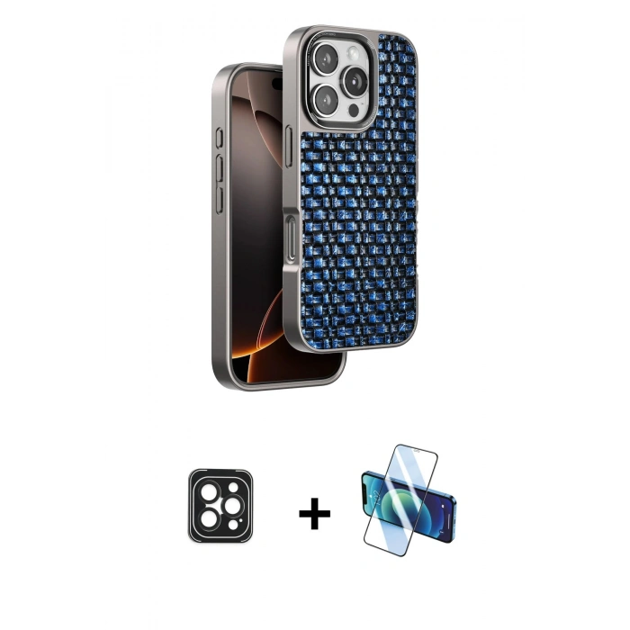 MARSİLYAN™- iPhone 16 Pro Max Kılıf Siluet Form Serisi - Siyah 3D Antistatik Cam Ekran Koruyucu + PVD Metal Kamera Lens - SH