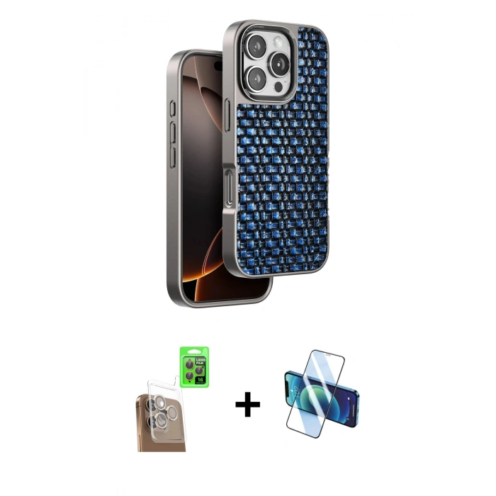 MARSİLYAN™- iPhone 16 Pro Max Kılıf Siluet Form Serisi - Siyah 3D Antistatik Cam Ekran Koruyucu + Raze Metal Kamera Lens - CLTM