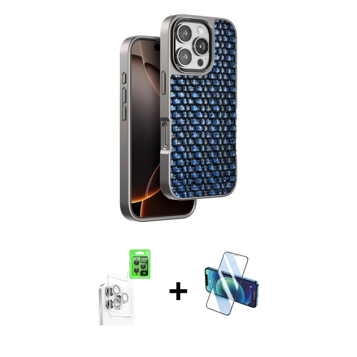 MARSİLYAN™- iPhone 16 Pro Max Kılıf Siluet Form Serisi - Siyah 3D Antistatik Cam Ekran Koruyucu + Raze Metal Kamera Lens - BZ