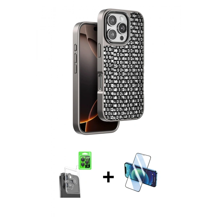 MARSİLYAN™- iPhone 16 Pro Max Kılıf Siluet Form Serisi - Siyah 3D Antistatik Cam Ekran Koruyucu + Raze Metal Kamera Lens - SH