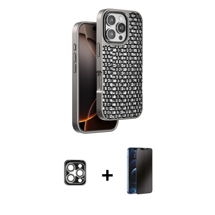 MARSİLYAN™- iPhone 16 Pro Max Kılıf Siluet Form Serisi - Siyah 3D Antistatik Hayalet Cam Ekran Koruyucu + PVD Metal Kamera Lens - GS