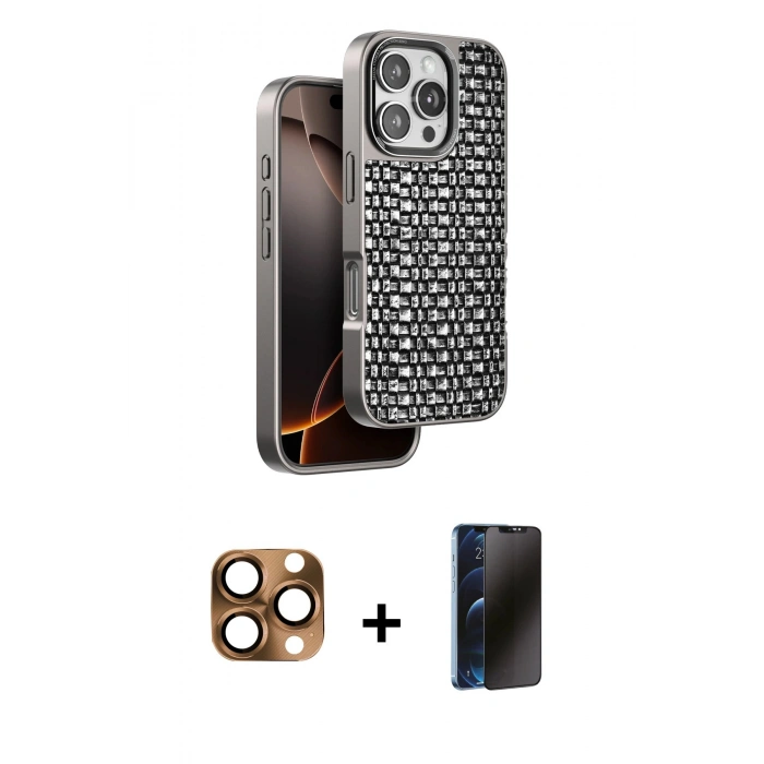 MARSİLYAN™- iPhone 16 Pro Max Kılıf Siluet Form Serisi - Siyah 3D Antistatik Hayalet Cam Ekran Koruyucu + Pers Alüminyum Kamera Lens - CLTM
