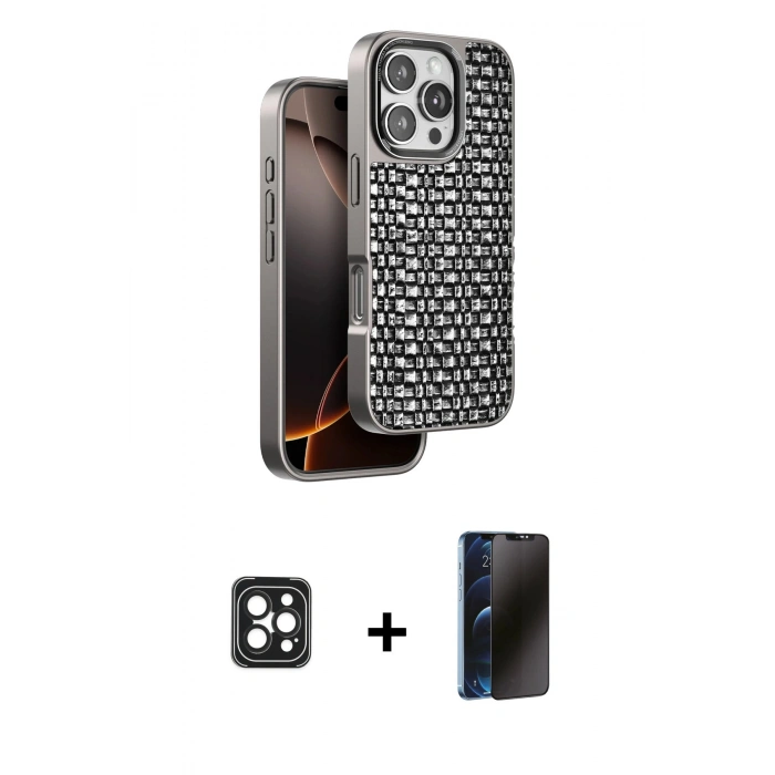 MARSİLYAN™- iPhone 16 Pro Max Kılıf Siluet Form Serisi - Siyah 3D Antistatik Hayalet Cam Ekran Koruyucu + PVD Metal Kamera Lens - SH