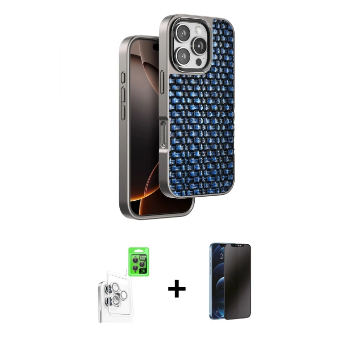 MARSİLYAN™- iPhone 16 Pro Max Kılıf Siluet Form Serisi - Siyah 3D Antistatik Hayalet Cam Ekran Koruyucu + Raze Metal Kamera Lens - BZ