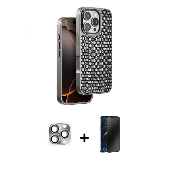 MARSİLYAN™- iPhone 16 Pro Max Kılıf Siluet Form Serisi - Siyah 3D Antistatik Hayalet Cam Ekran Koruyucu + Pers Alüminyum Kamera Lens - GI