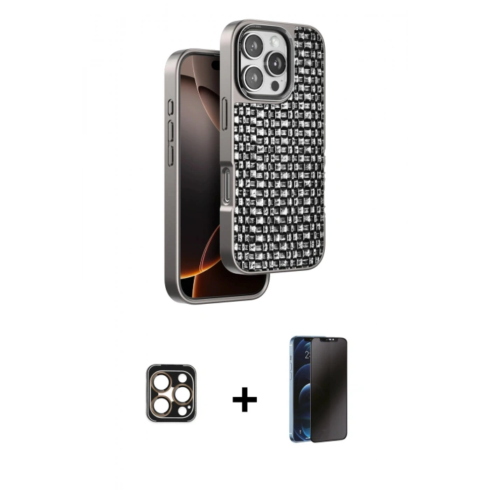 MARSİLYAN™- iPhone 16 Pro Max Kılıf Siluet Form Serisi - Siyah 3D Antistatik Hayalet Cam Ekran Koruyucu + PVD Metal Kamera Lens - GD