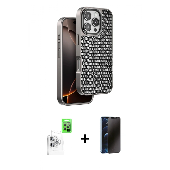 MARSİLYAN™- iPhone 16 Pro Max Kılıf Siluet Form Serisi - Siyah 3D Antistatik Hayalet Cam Ekran Koruyucu + Raze Metal Kamera Lens - BZ