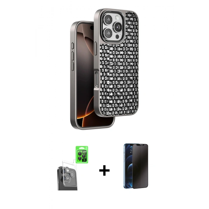 MARSİLYAN™- iPhone 16 Pro Max Kılıf Siluet Form Serisi - Siyah 3D Antistatik Hayalet Cam Ekran Koruyucu + Raze Metal Kamera Lens - SH