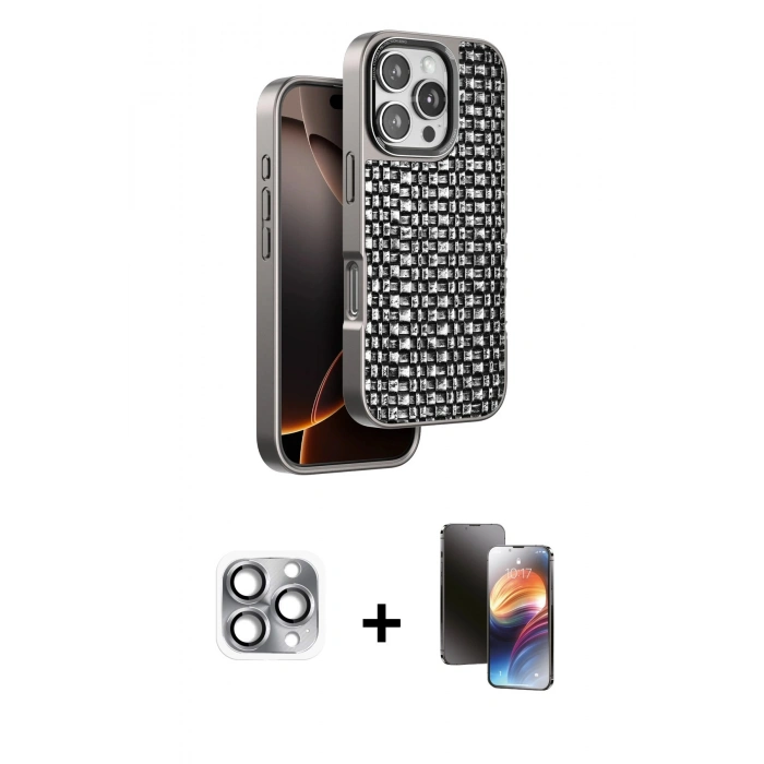 MARSİLYAN™- iPhone 16 Pro Max Kılıf Siluet Form Serisi - Siyah 3D Antistatik Mat Seramik Nano Ekran Koruyucu + Pers Alüminyum Kamera Lens - GI