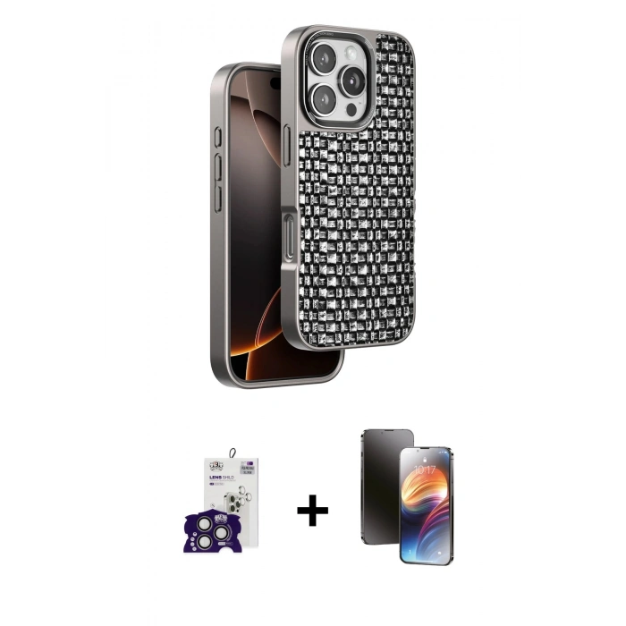 MARSİLYAN™- iPhone 16 Pro Max Kılıf Siluet Form Serisi - Siyah 3D Antistatik Mat Seramik Nano Ekran Koruyucu + Titanyum Gri Bilvis Titan Kamera Lens