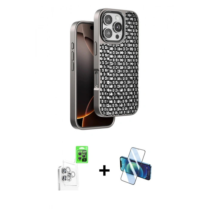 MARSİLYAN™- iPhone 16 Pro Max Kılıf Siluet Form Serisi - Siyah 3D Antistatik Seramik Nano Ekran Koruyucu + Beyaz Raze Metal Kamera Lens