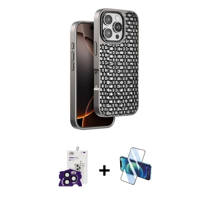 MARSİLYAN™- iPhone 16 Pro Max Kılıf Siluet Form Serisi - Siyah 3D Antistatik Seramik Nano Ekran Koruyucu + Bilvis Titan Kamera Lens - SH