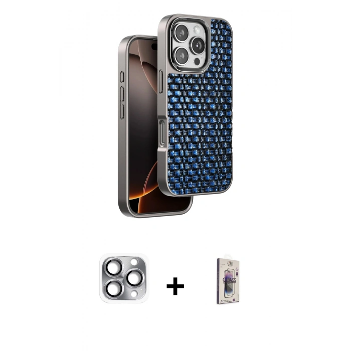 MARSİLYAN™- iPhone 16 Pro Max Kılıf Siluet Form Serisi - Siyah Bilvis 3D Cam Ekran Koruyucu + Pers Alüminyum Kamera Lens - GI