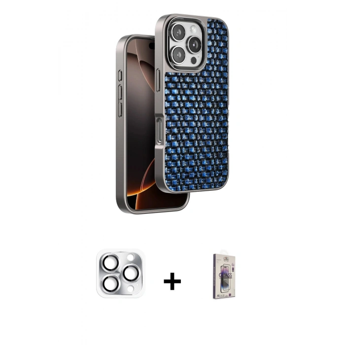 MARSİLYAN™- iPhone 16 Pro Max Kılıf Siluet Form Serisi - Siyah Bilvis 3D Cam Ekran Koruyucu + Pers Alüminyum Kamera Lens - GS
