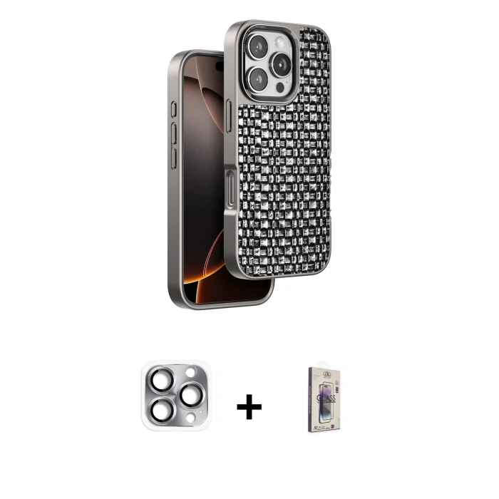 MARSİLYAN™- iPhone 16 Pro Max Kılıf Siluet Form Serisi - Siyah Bilvis 3D Cam Ekran Koruyucu + Pers Alüminyum Kamera Lens - GI