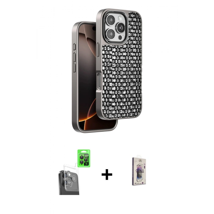 MARSİLYAN™- iPhone 16 Pro Max Kılıf Siluet Form Serisi - Siyah Bilvis 3D Cam Ekran Koruyucu + Raze Metal Kamera Lens - SH