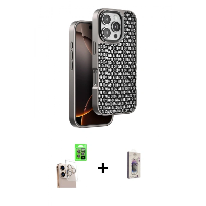 MARSİLYAN™- iPhone 16 Pro Max Kılıf Siluet Form Serisi - Siyah Bilvis 3D Cam Ekran Koruyucu + Raze Metal Kamera Lens - NLGY