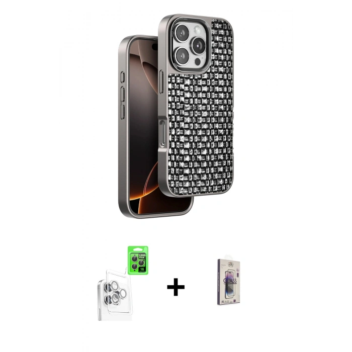 MARSİLYAN™- iPhone 16 Pro Max Kılıf Siluet Form Serisi - Siyah Bilvis 3D Cam Ekran Koruyucu + Raze Metal Kamera Lens - BZ