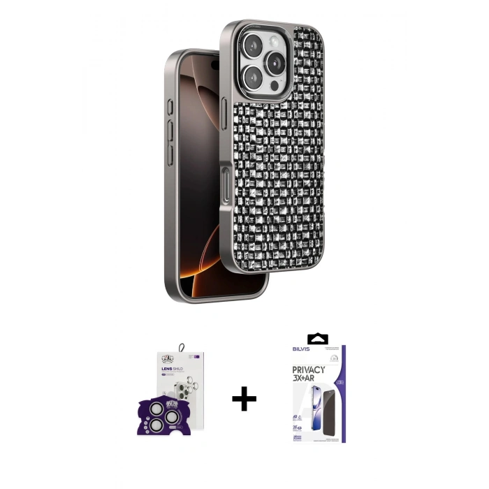 MARSİLYAN™- iPhone 16 Pro Max Kılıf Siluet Form Serisi - Siyah Bilvis 3X AR Hayalet Cam Ekran Koruyucu + Bilvis Titan Kamera Lens - GS