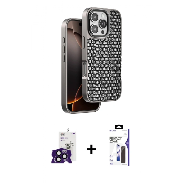 MARSİLYAN™- iPhone 16 Pro Max Kılıf Siluet Form Serisi - Siyah Bilvis 3X AR Hayalet Cam Ekran Koruyucu + Bilvis Titan Kamera Lens - SH