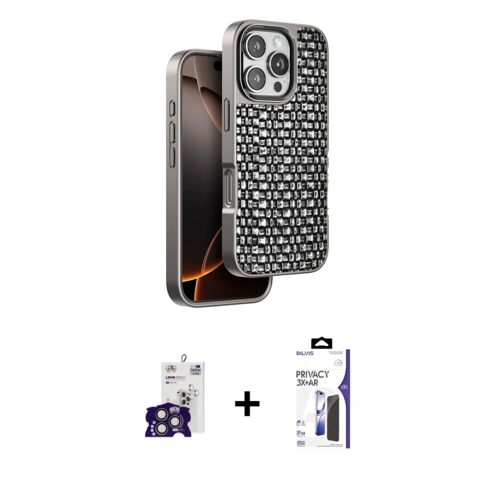 MARSİLYAN™- iPhone 16 Pro Max Kılıf Siluet Form Serisi - Siyah Bilvis 3X AR Hayalet Cam Ekran Koruyucu + Bilvis Titan Kamera Lens - TMGI
