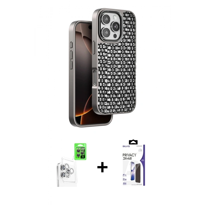 MARSİLYAN™- iPhone 16 Pro Max Kılıf Siluet Form Serisi - Siyah Bilvis 3X AR Hayalet Cam Ekran Koruyucu + Raze Metal Kamera Lens - BZ