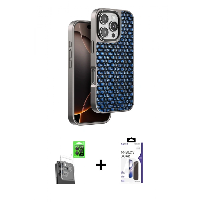 MARSİLYAN™- iPhone 16 Pro Max Kılıf Siluet Form Serisi - Siyah Bilvis 3X AR Hayalet Cam Ekran Koruyucu + Raze Metal Kamera Lens - SH