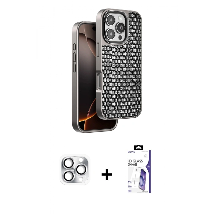 MARSİLYAN™- iPhone 16 Pro Max Kılıf Siluet Form Serisi - Siyah Bilvis 3X AR HD Cam Ekran Koruyucu + Pers Alüminyum Kamera Lens - GS