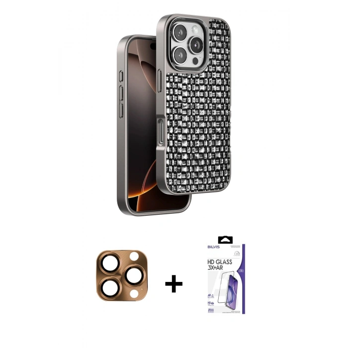 MARSİLYAN™- iPhone 16 Pro Max Kılıf Siluet Form Serisi - Siyah Bilvis 3X AR HD Cam Ekran Koruyucu + Pers Alüminyum Kamera Lens - CLTM