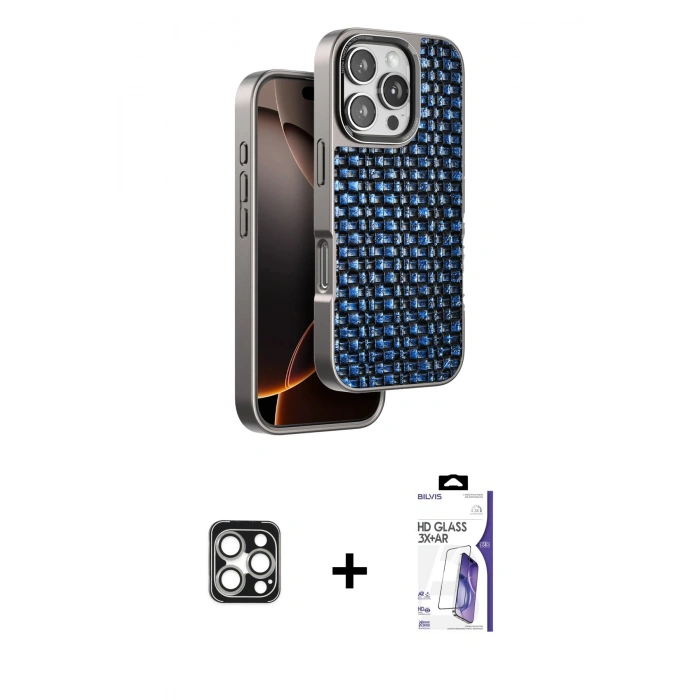 MARSİLYAN™- iPhone 16 Pro Max Kılıf Siluet Form Serisi - Siyah Bilvis 3X AR HD Cam Ekran Koruyucu + PVD Metal Kamera Lens - GS