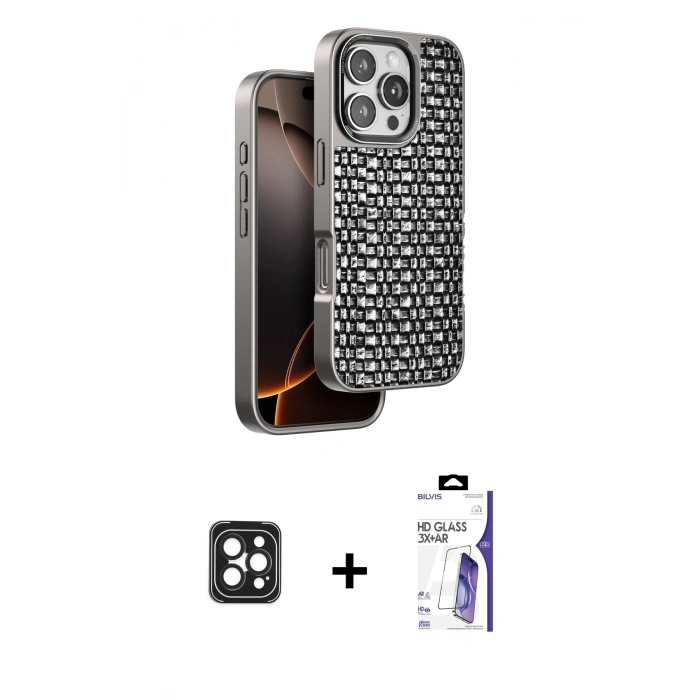 MARSİLYAN™- iPhone 16 Pro Max Kılıf Siluet Form Serisi - Siyah Bilvis 3X AR HD Cam Ekran Koruyucu + PVD Metal Kamera Lens - SH