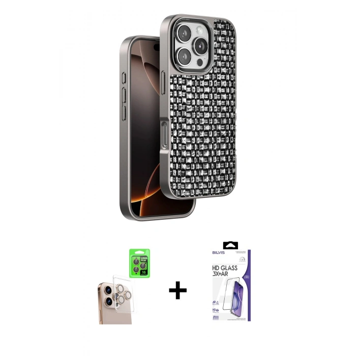 MARSİLYAN™- iPhone 16 Pro Max Kılıf Siluet Form Serisi - Siyah Bilvis 3X AR HD Cam Ekran Koruyucu + Raze Metal Kamera Lens - NLGY