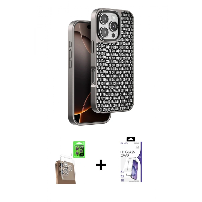 MARSİLYAN™- iPhone 16 Pro Max Kılıf Siluet Form Serisi - Siyah Bilvis 3X AR HD Cam Ekran Koruyucu + Raze Metal Kamera Lens - CLTM