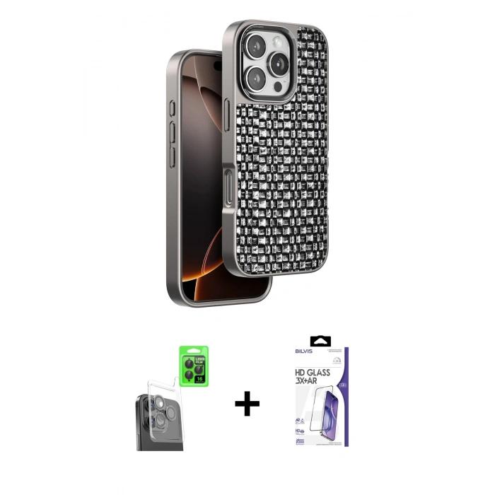 MARSİLYAN™- iPhone 16 Pro Max Kılıf Siluet Form Serisi - Siyah Bilvis 3X AR HD Cam Ekran Koruyucu + Raze Metal Kamera Lens - SH