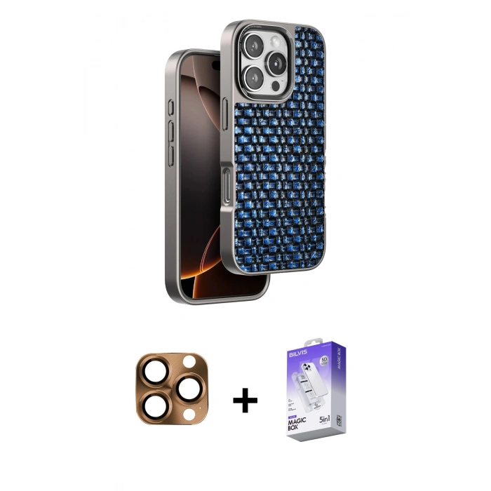 MARSİLYAN™- iPhone 16 Pro Max Kılıf Siluet Form Serisi - Siyah Bilvis 5in1 3D Magic Cam Ekran Koruyucu + Çöl Titanyum Pers Alüminyum Kamera Lens
