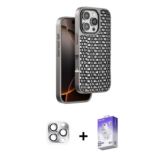 MARSİLYAN™- iPhone 16 Pro Max Kılıf Siluet Form Serisi - Siyah Bilvis 5in1 3D Magic Cam Ekran Koruyucu + Gümüş Pers Alüminyum Kamera Lens