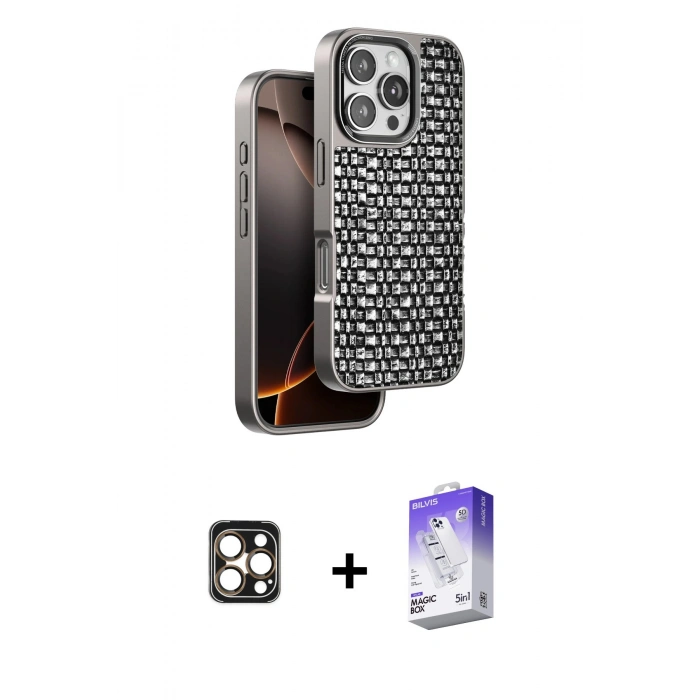 MARSİLYAN™- iPhone 16 Pro Max Kılıf Siluet Form Serisi - Siyah Bilvis 5in1 3D Magic Cam Ekran Koruyucu + PVD Metal Kamera Lens - GD