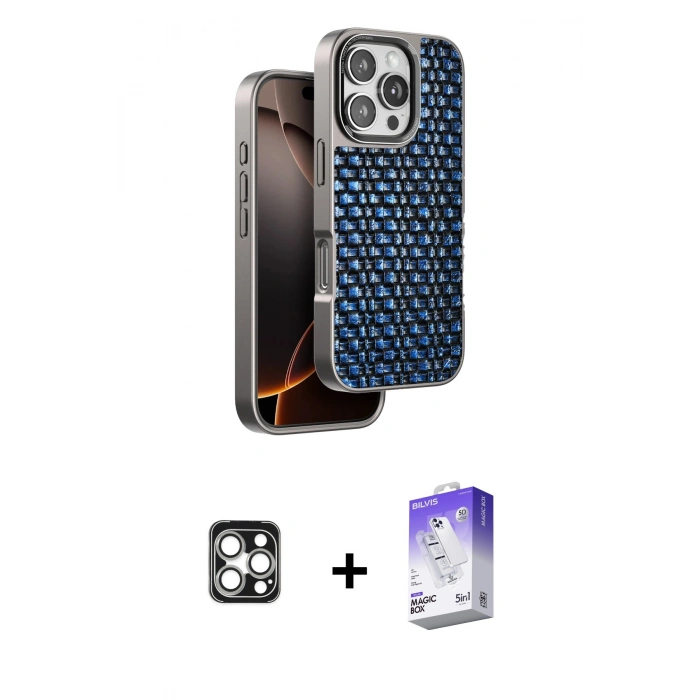 MARSİLYAN™- iPhone 16 Pro Max Kılıf Siluet Form Serisi - Siyah Bilvis 5in1 3D Magic Cam Ekran Koruyucu + PVD Metal Kamera Lens - GS