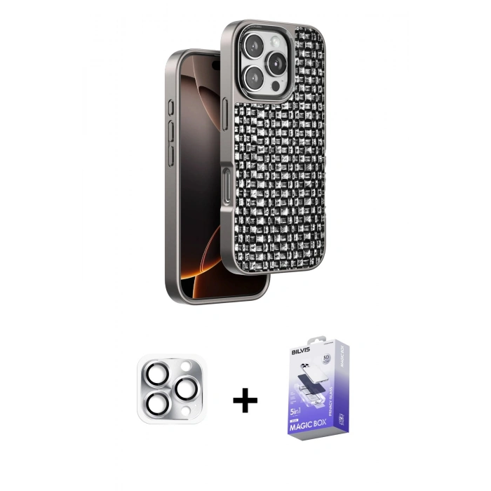 MARSİLYAN™- iPhone 16 Pro Max Kılıf Siluet Form Serisi - Siyah Bilvis 5in1 5D Magic Hayalet Cam Ekran Koruyucu + Pers Alüminyum Kamera Lens - GS