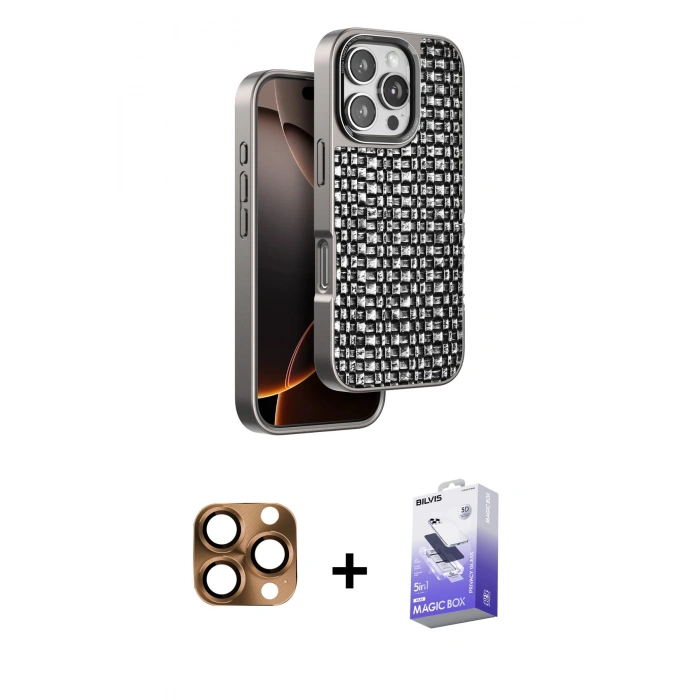 MARSİLYAN™- iPhone 16 Pro Max Kılıf Siluet Form Serisi - Siyah Bilvis 5in1 5D Magic Hayalet Cam Ekran Koruyucu + Pers Alüminyum Kamera Lens - CLTM