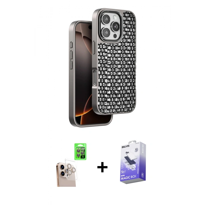 MARSİLYAN™- iPhone 16 Pro Max Kılıf Siluet Form Serisi - Siyah Bilvis 5in1 5D Magic Hayalet Cam Ekran Koruyucu + Raze Metal Kamera Lens - NLGY
