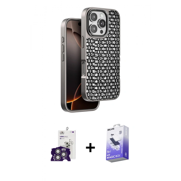 MARSİLYAN™- iPhone 16 Pro Max Kılıf Siluet Form Serisi - Siyah Bilvis 5in1 5D Magic Hayalet Cam Ekran Koruyucu + Bilvis Titan Kamera Lens - GS