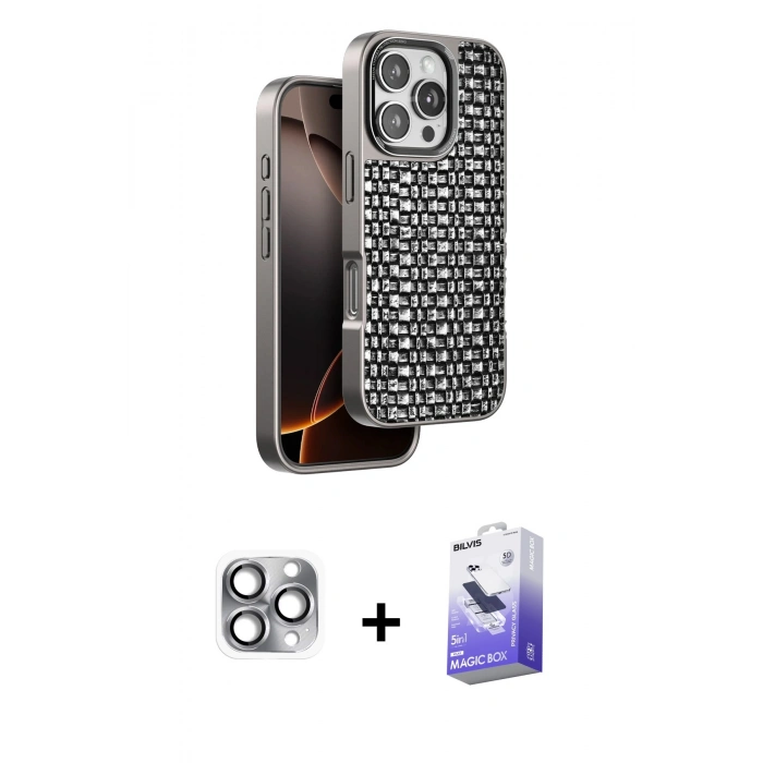 MARSİLYAN™- iPhone 16 Pro Max Kılıf Siluet Form Serisi - Siyah Bilvis 5in1 5D Magic Hayalet Cam Ekran Koruyucu + Pers Alüminyum Kamera Lens - GI
