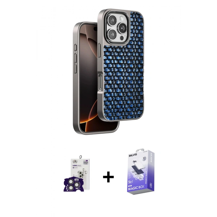 MARSİLYAN™- iPhone 16 Pro Max Kılıf Siluet Form Serisi - Siyah Bilvis 5in1 5D Magic Hayalet Cam Ekran Koruyucu + Titanyum Gri Bilvis Titan Kamera Lens