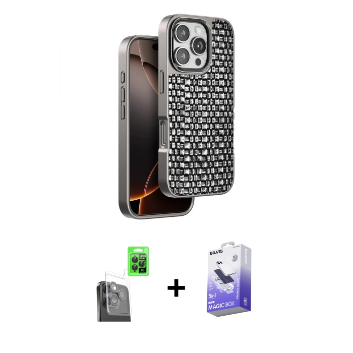 MARSİLYAN™- iPhone 16 Pro Max Kılıf Siluet Form Serisi - Siyah Bilvis 5in1 5D Magic Hayalet Cam Ekran Koruyucu + Raze Metal Kamera Lens - SH