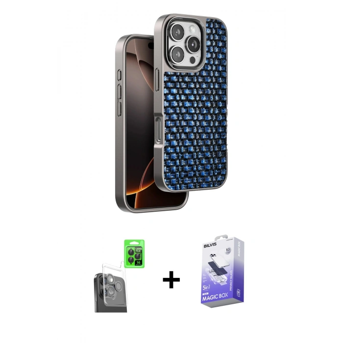 MARSİLYAN™- iPhone 16 Pro Max Kılıf Siluet Form Serisi - Siyah Bilvis 5in1 5D Magic Hayalet Cam Ekran Koruyucu + Raze Metal Kamera Lens - SH